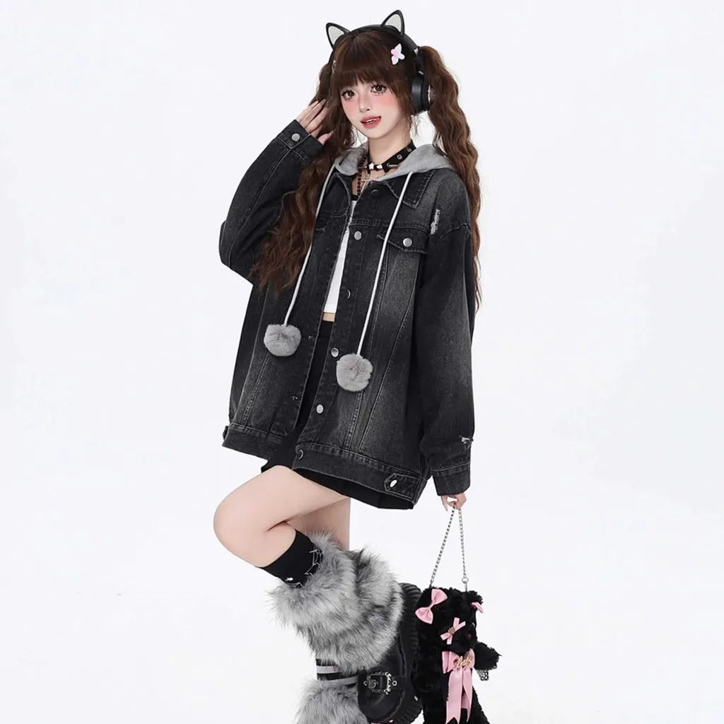 Sweet Cool Girl Style Fake Two-Piece Hooded Denim Coat