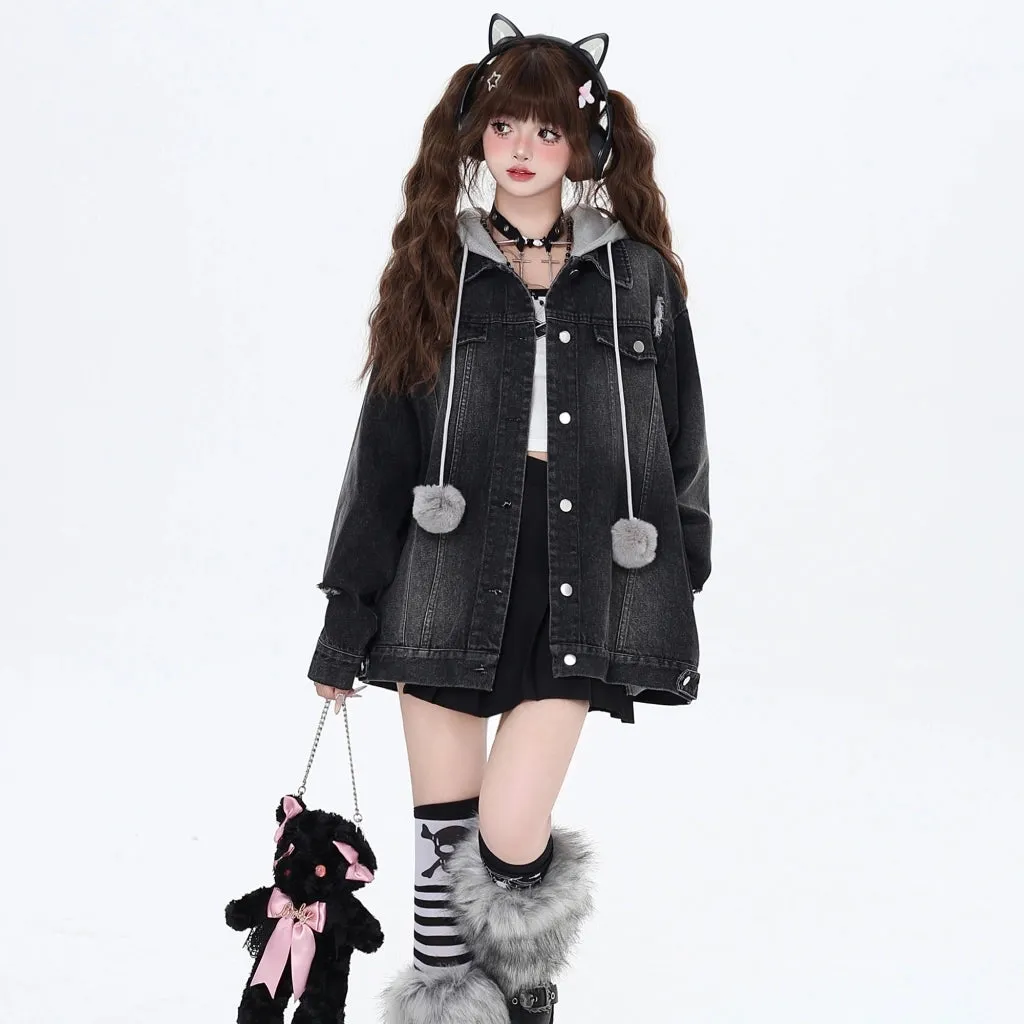 Sweet Cool Girl Style Fake Two-Piece Hooded Denim Coat