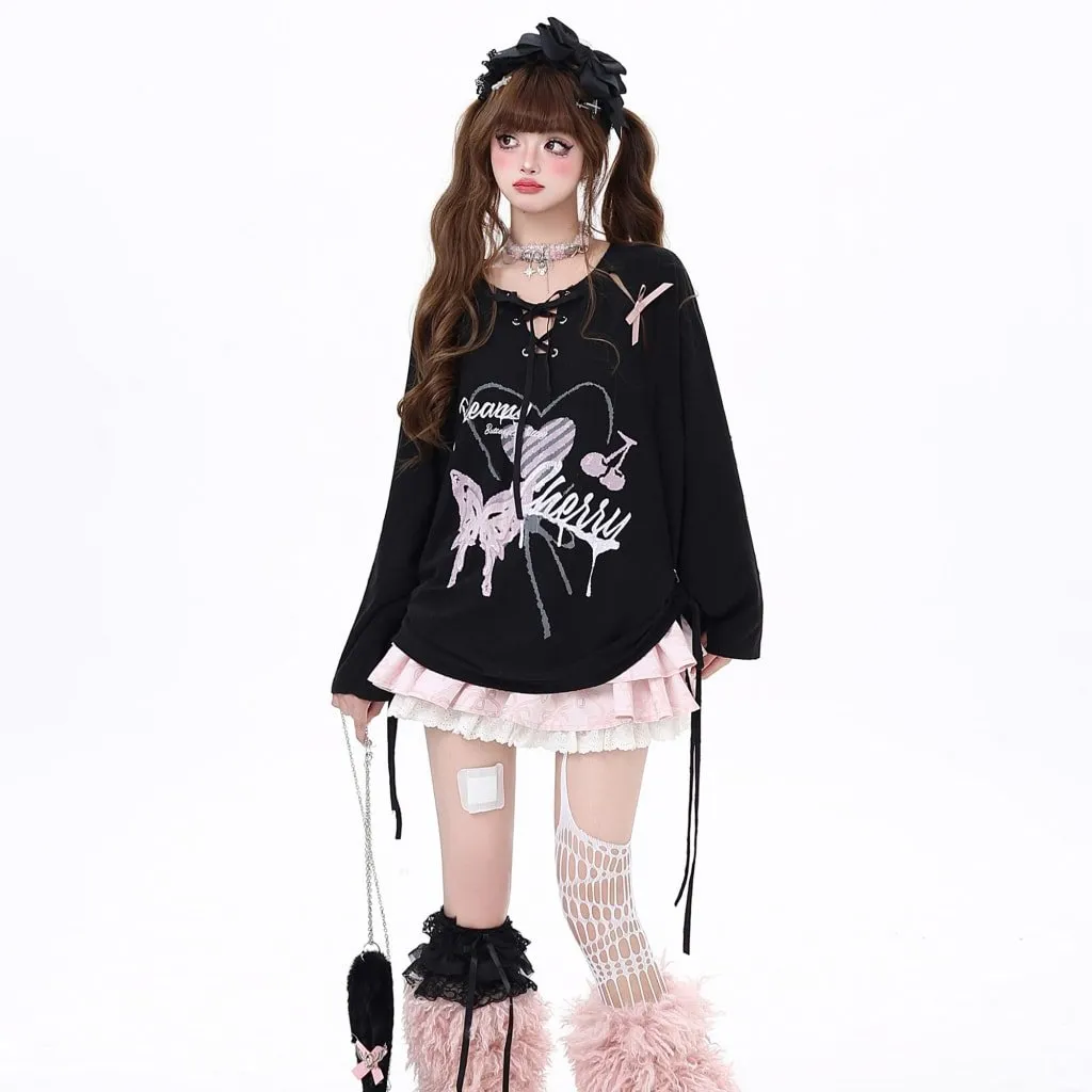 Sweet Girl Ballet Style Black Long-Sleeved T-shirt