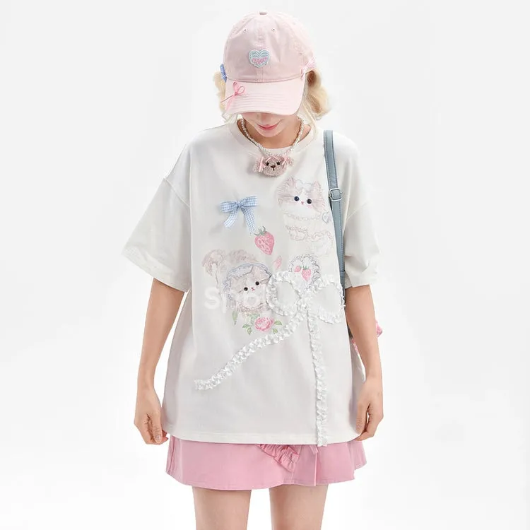 Sweet Girl Style Cartoon Cat Print Short Sleeve T-shirt