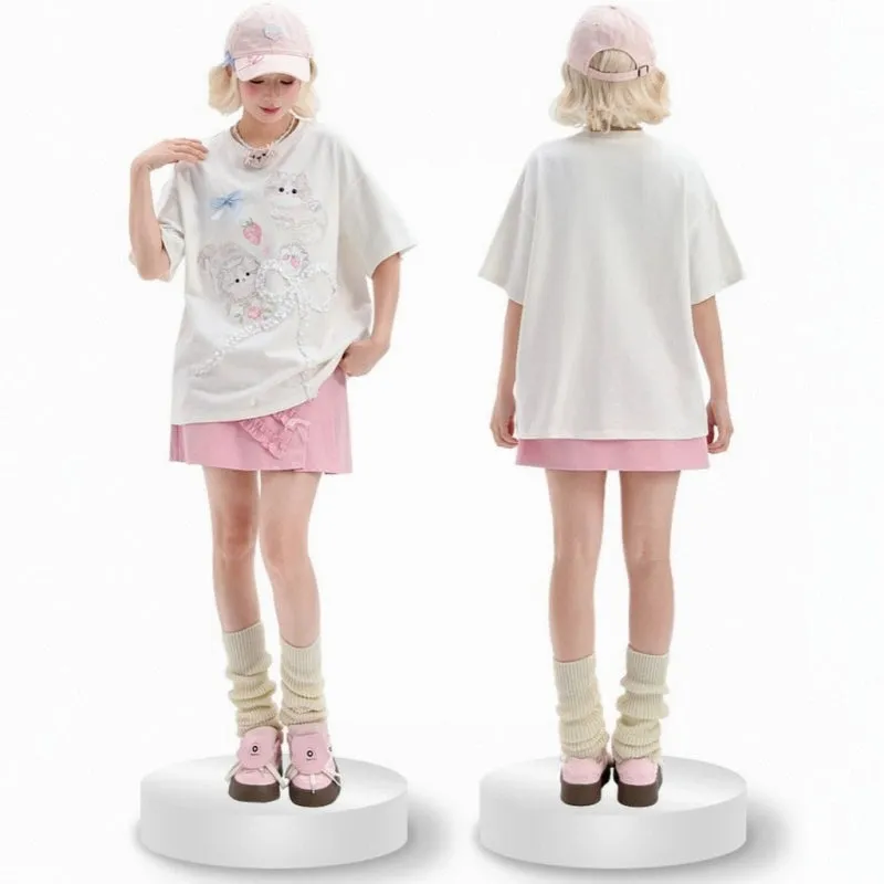 Sweet Girl Style Cartoon Cat Print Short Sleeve T-shirt