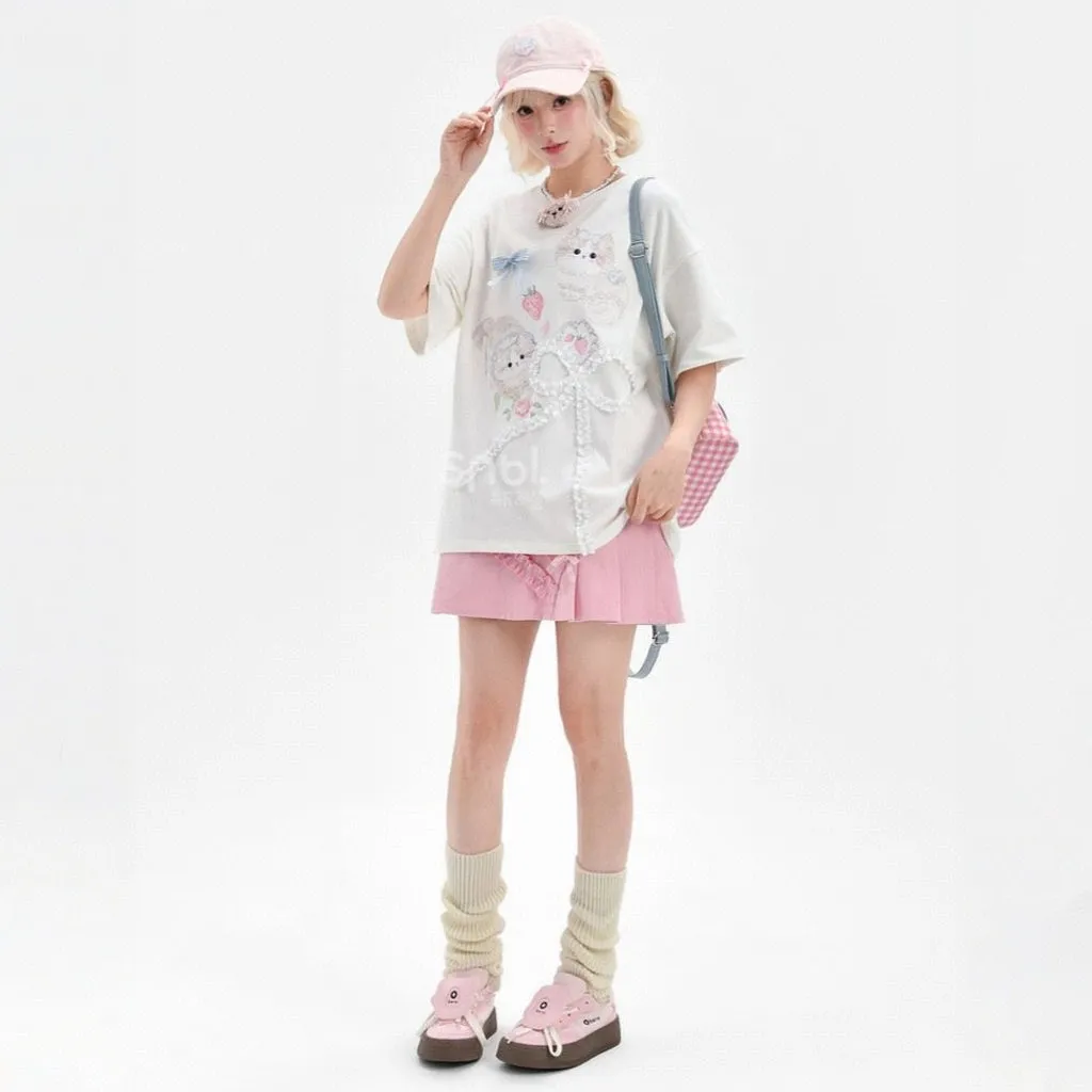 Sweet Girl Style Cartoon Cat Print Short Sleeve T-shirt