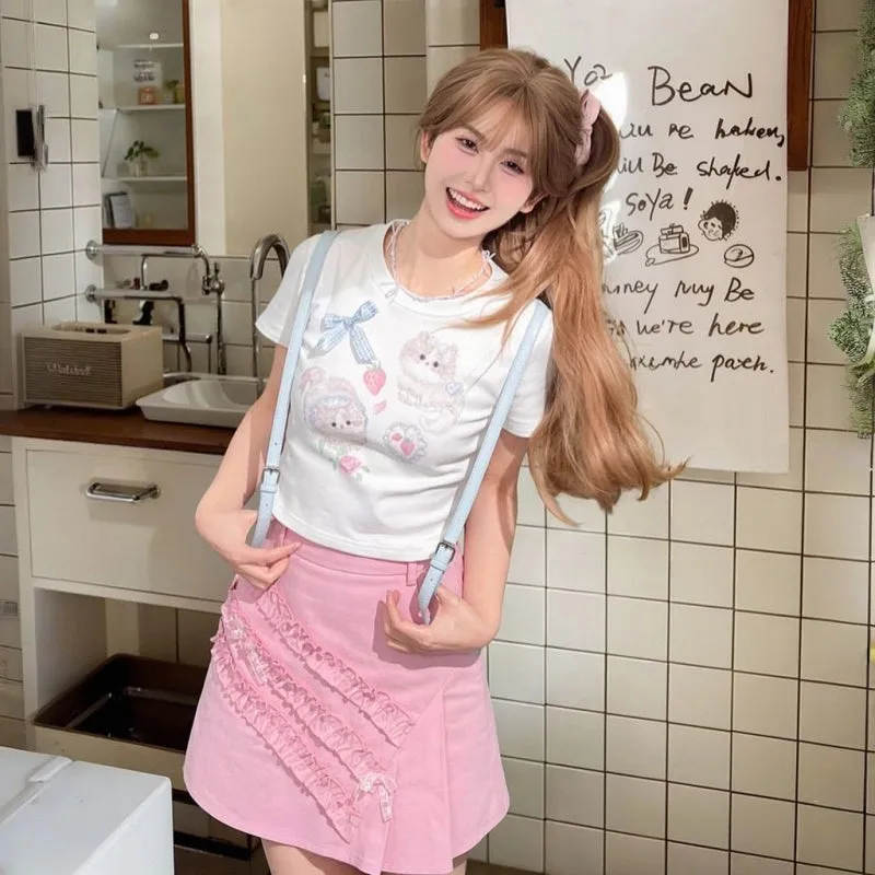 Sweet Girl Style Cartoon Cat Print Short Sleeve T-shirt