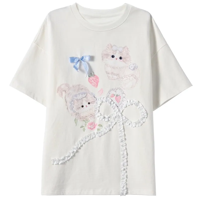 Sweet Girl Style Cartoon Cat Print Short Sleeve T-shirt