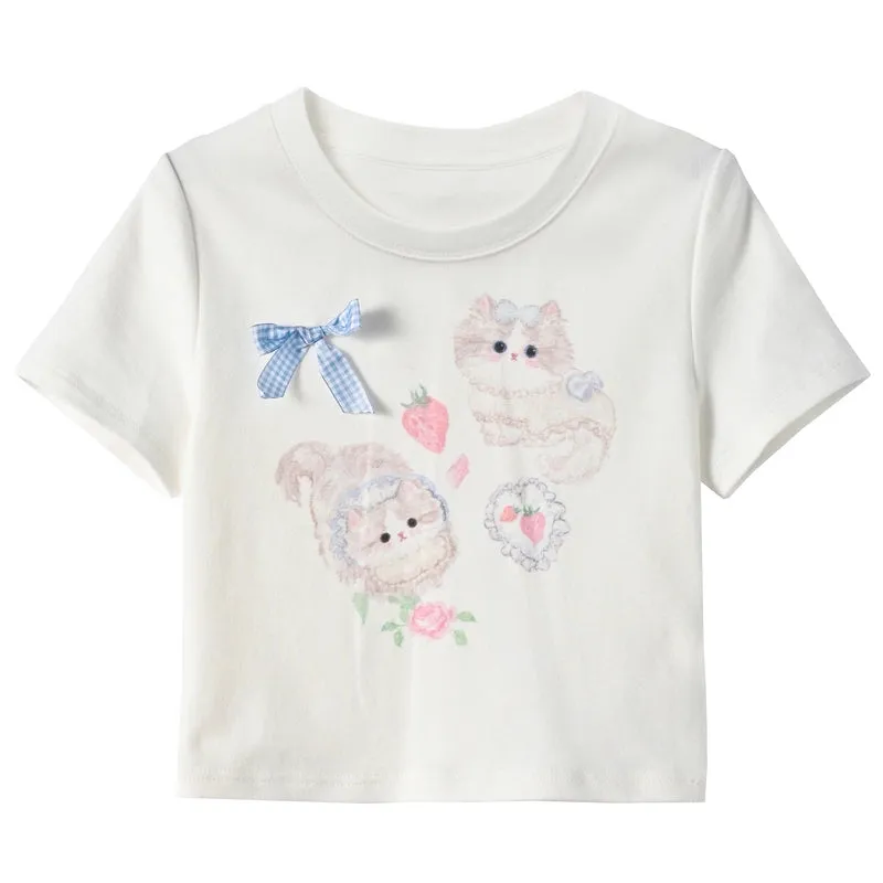 Sweet Girl Style Cartoon Cat Print Short Sleeve T-shirt