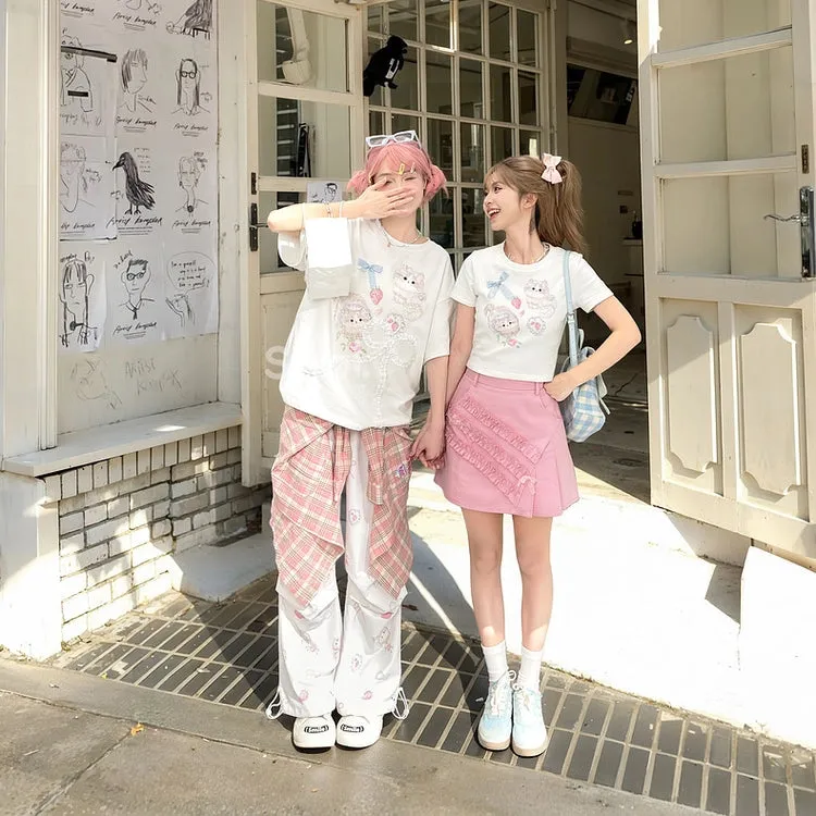 Sweet Girl Style Cartoon Cat Print Short Sleeve T-shirt