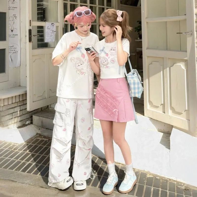 Sweet Girl Style Cartoon Cat Print Short Sleeve T-shirt