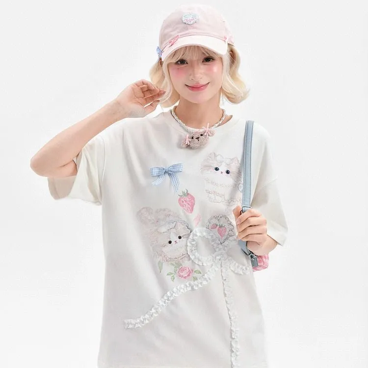 Sweet Girl Style Cartoon Cat Print Short Sleeve T-shirt