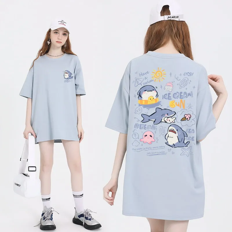 Sweet Girl Style Cartoon Hand-Painted Small Shark Print T-shirt