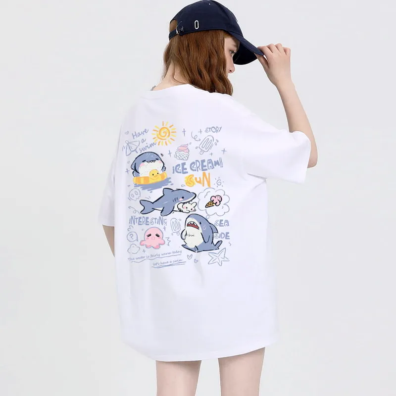 Sweet Girl Style Cartoon Hand-Painted Small Shark Print T-shirt