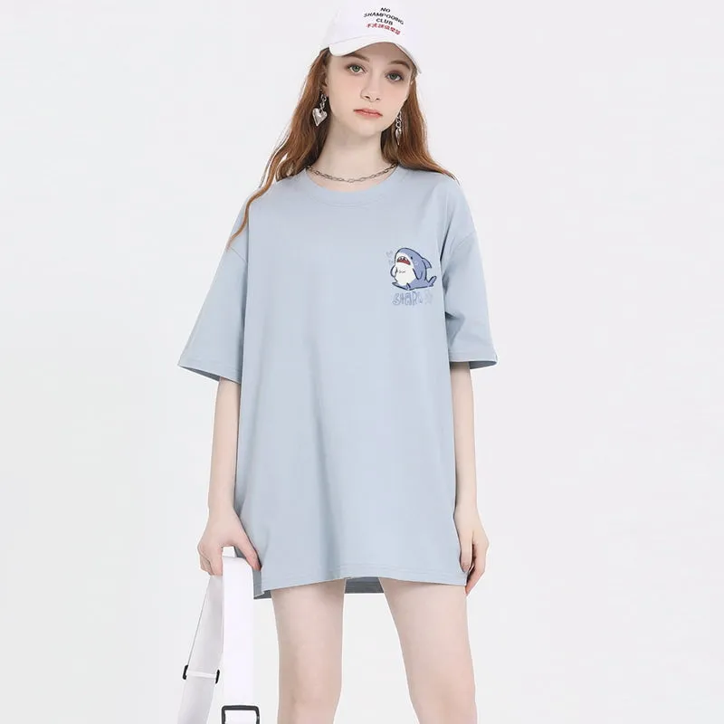 Sweet Girl Style Cartoon Hand-Painted Small Shark Print T-shirt