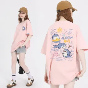 Sweet Girl Style Cartoon Hand-Painted Small Shark Print T-shirt
