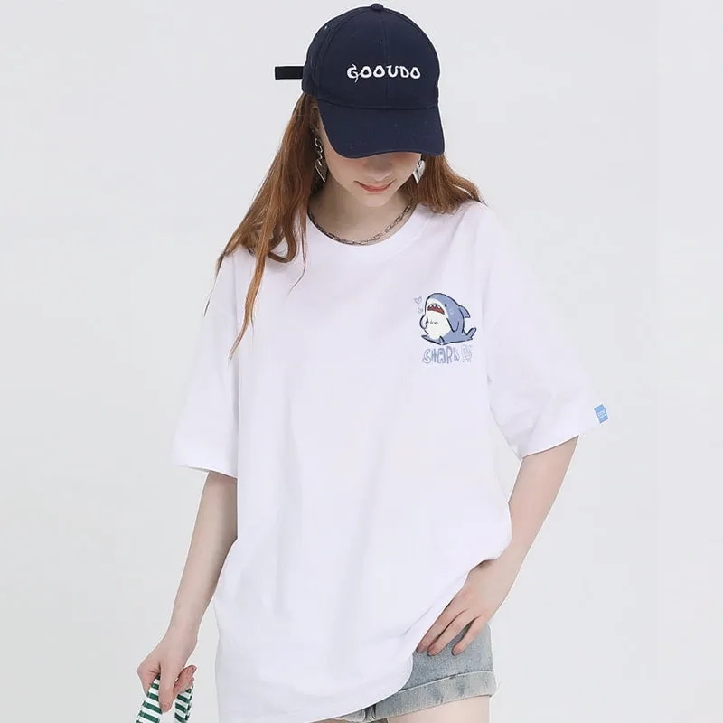 Sweet Girl Style Cartoon Hand-Painted Small Shark Print T-shirt
