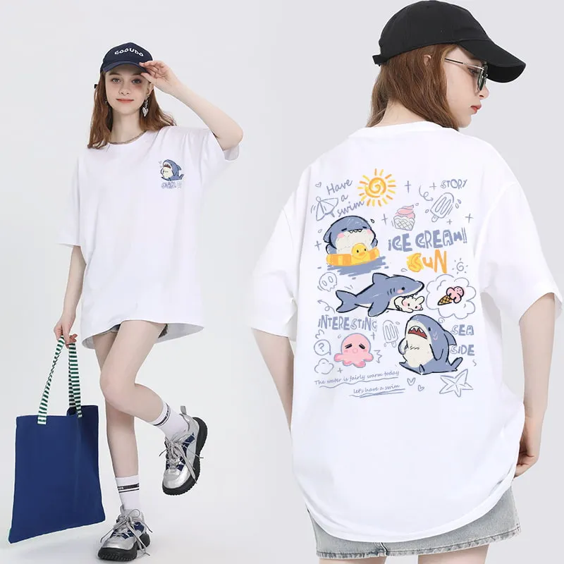 Sweet Girl Style Cartoon Hand-Painted Small Shark Print T-shirt