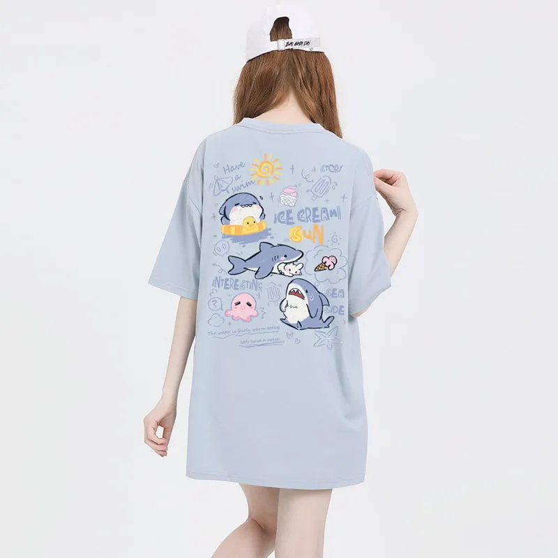 Sweet Girl Style Cartoon Hand-Painted Small Shark Print T-shirt