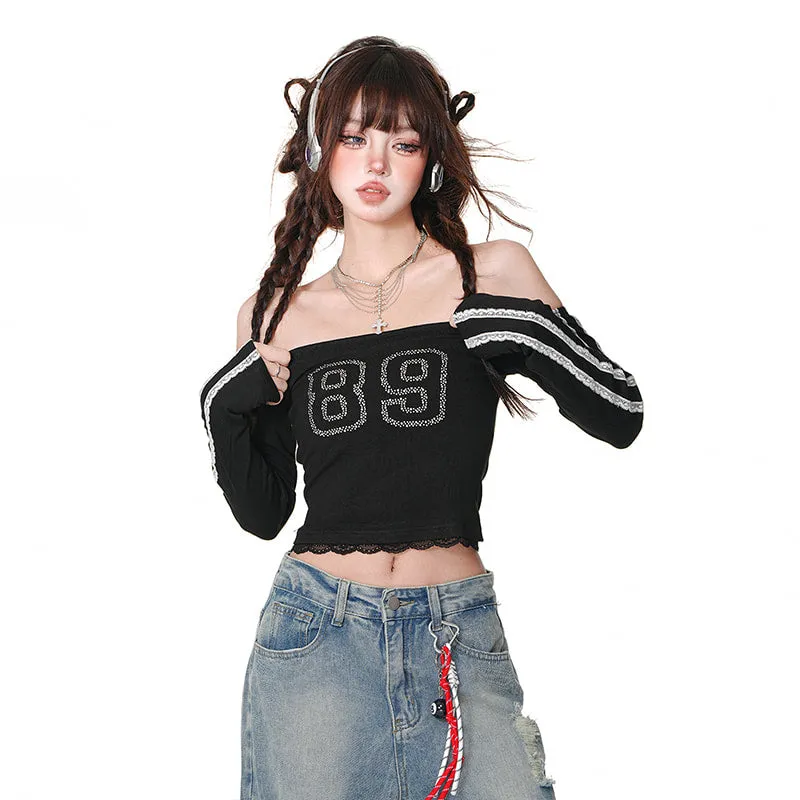 Sweet Girl Style One-Shoulder Lace Tube Top T-shirt