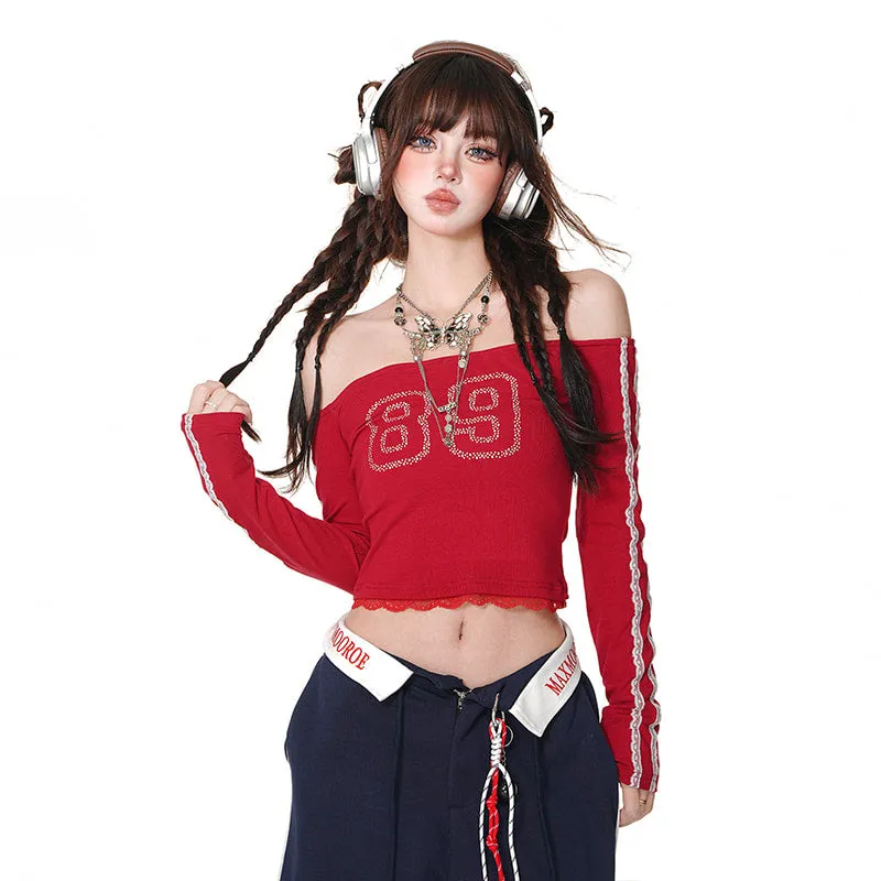 Sweet Girl Style One-Shoulder Lace Tube Top T-shirt