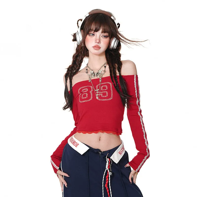 Sweet Girl Style One-Shoulder Lace Tube Top T-shirt