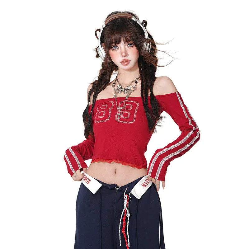 Sweet Girl Style One-Shoulder Lace Tube Top T-shirt