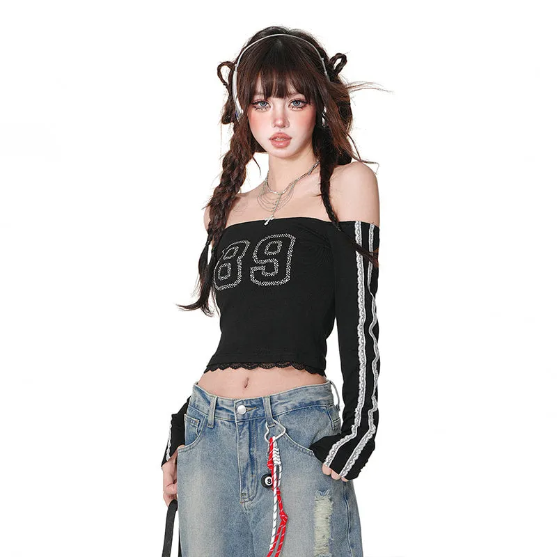 Sweet Girl Style One-Shoulder Lace Tube Top T-shirt