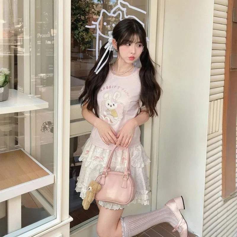 Sweet Pink Cartoon Rabbit Embroidered Short-Sleeved T-shirt
