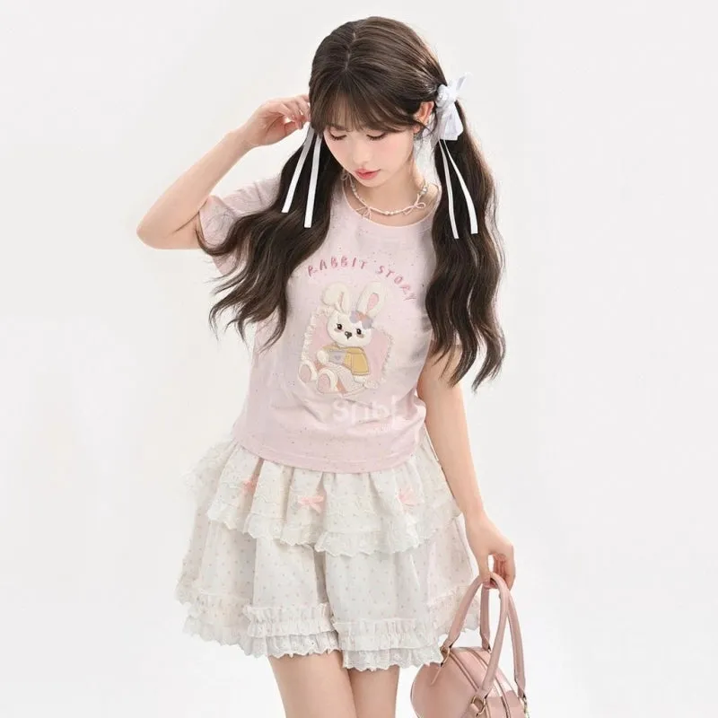 Sweet Pink Cartoon Rabbit Embroidered Short-Sleeved T-shirt