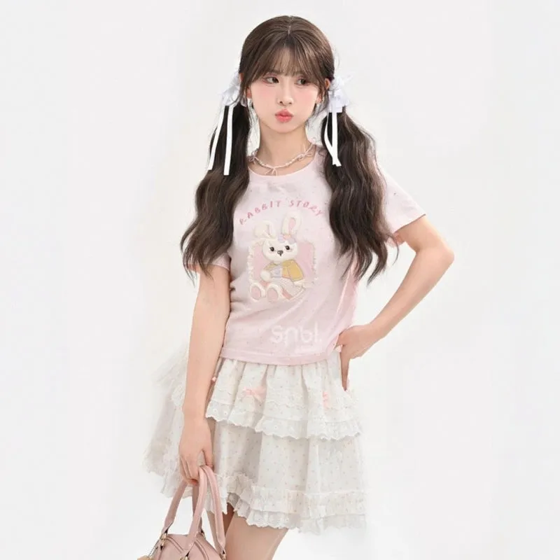 Sweet Pink Cartoon Rabbit Embroidered Short-Sleeved T-shirt