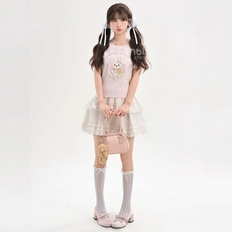 Sweet Pink Cartoon Rabbit Embroidered Short-Sleeved T-shirt