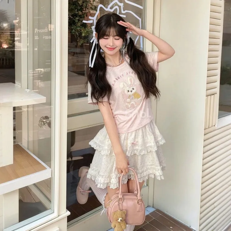 Sweet Pink Cartoon Rabbit Embroidered Short-Sleeved T-shirt