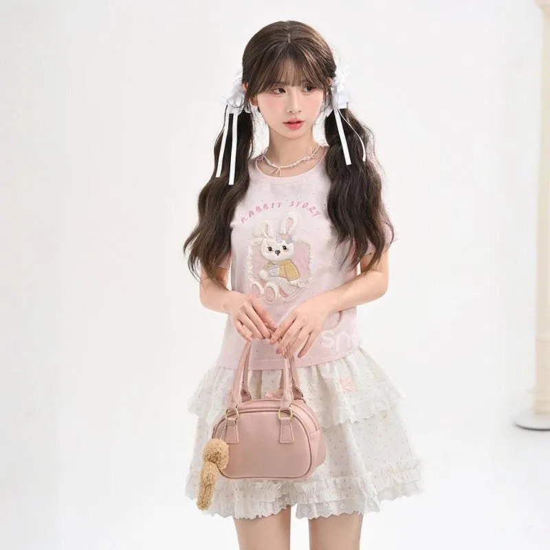 Sweet Pink Cartoon Rabbit Embroidered Short-Sleeved T-shirt