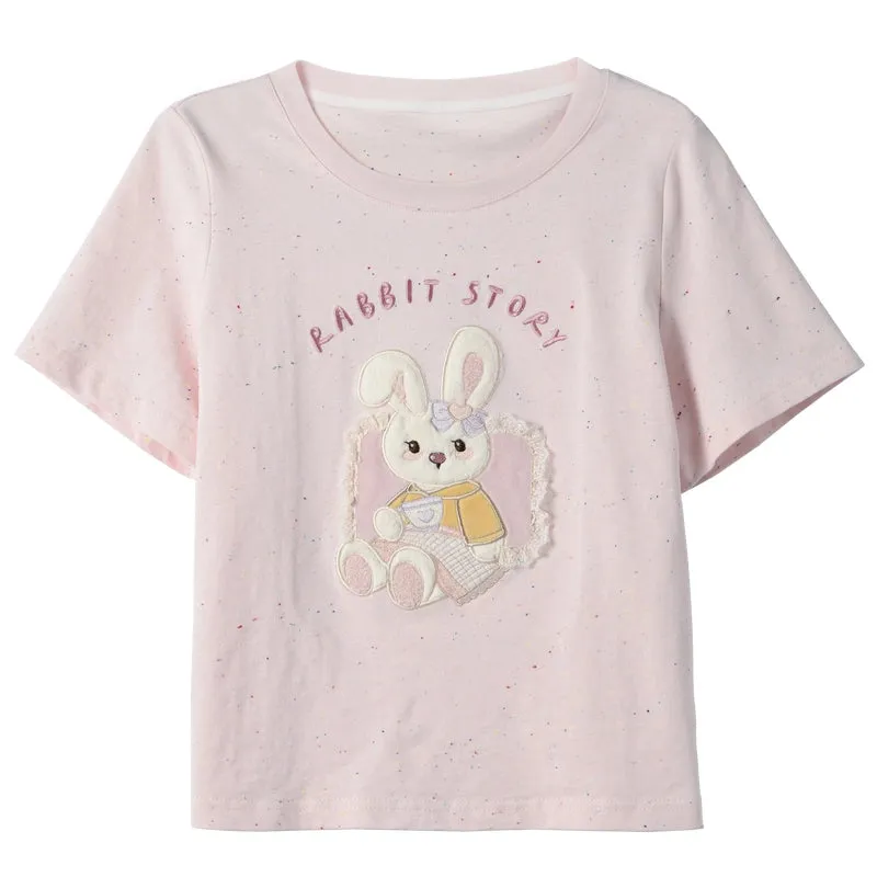 Sweet Pink Cartoon Rabbit Embroidered Short-Sleeved T-shirt