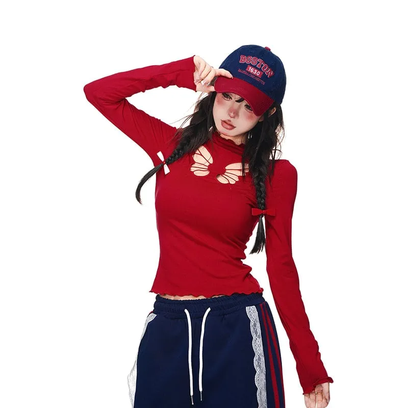 Sweet Pure Desire Style Slimming Hollow Long Sleeve T-shirt