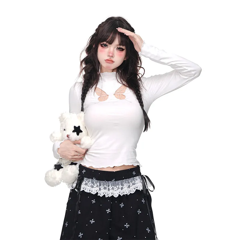 Sweet Pure Desire Style Slimming Hollow Long Sleeve T-shirt