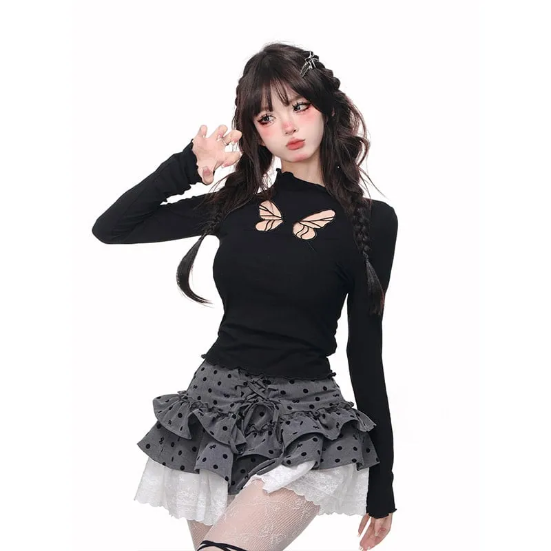 Sweet Pure Desire Style Slimming Hollow Long Sleeve T-shirt