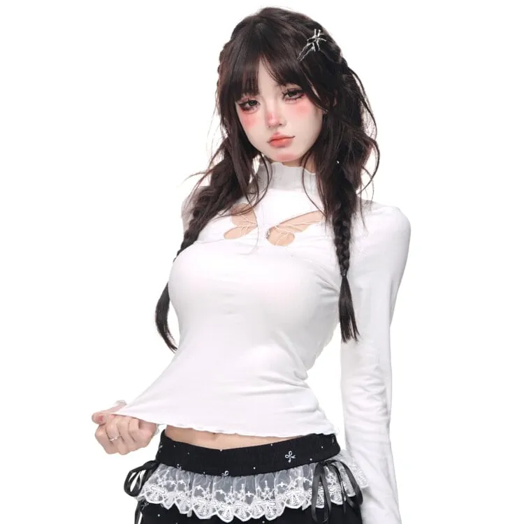 Sweet Pure Desire Style Slimming Hollow Long Sleeve T-shirt