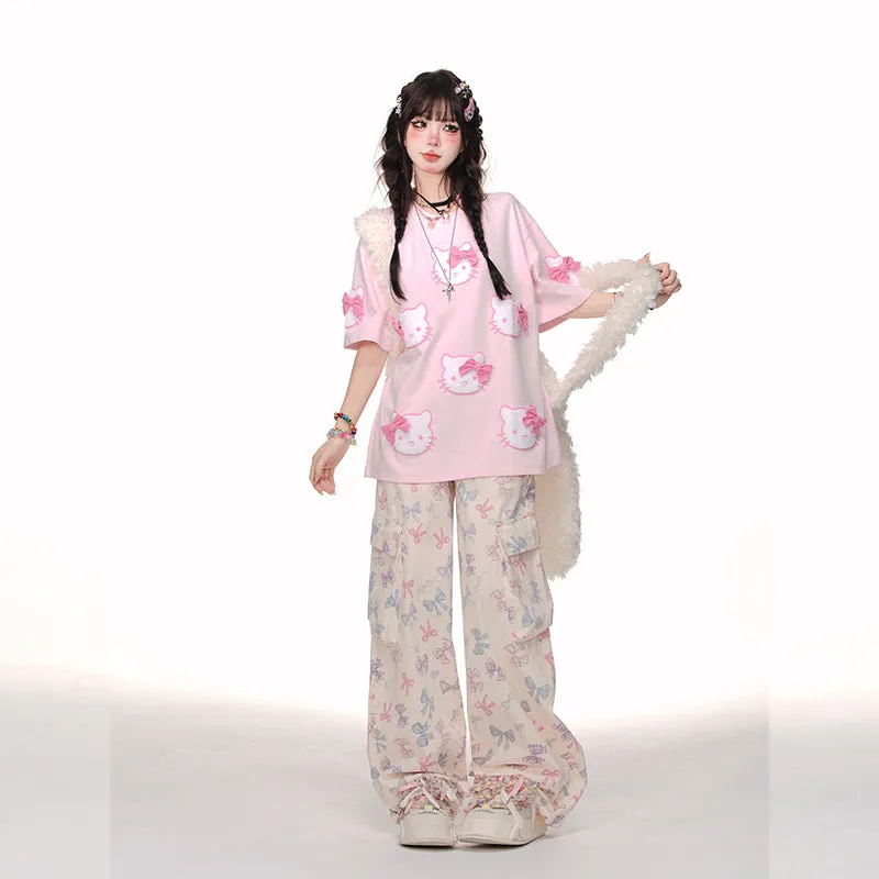 Sweet Soft Girl Style Pink Hello Kitty Printed T-shirt