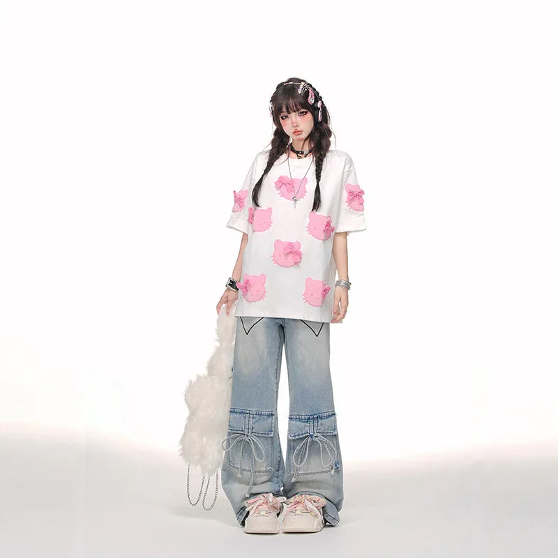 Sweet Soft Girl Style Pink Hello Kitty Printed T-shirt
