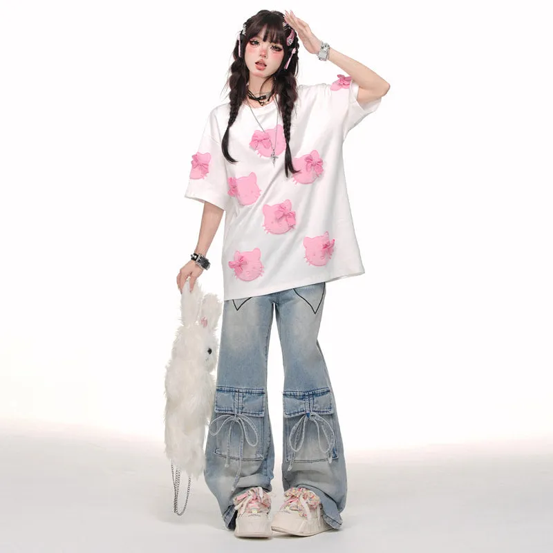 Sweet Soft Girl Style Pink Hello Kitty Printed T-shirt