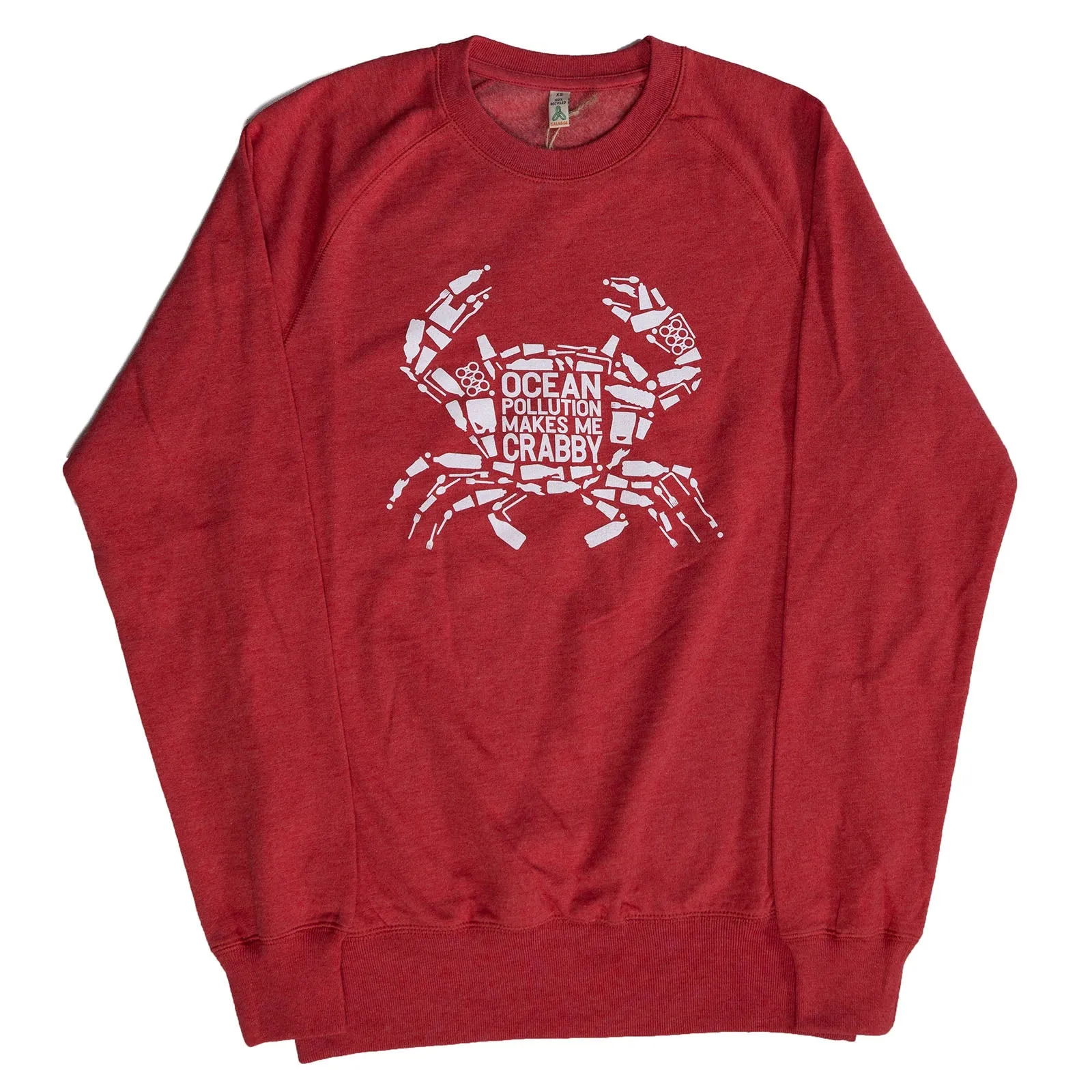 Unisex 100% Recycled Sweatshirt: Red 'Ocean Pollution Makes Me Crabby'