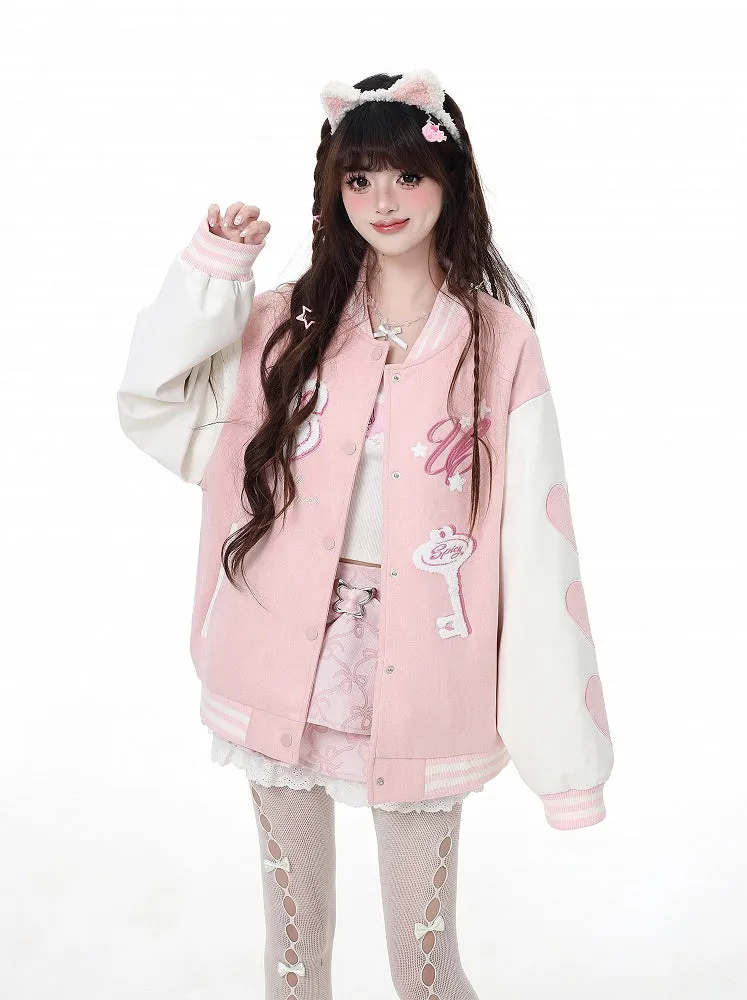 Yume Kawaii Pink/Blue Key Applique Baseball Jacket