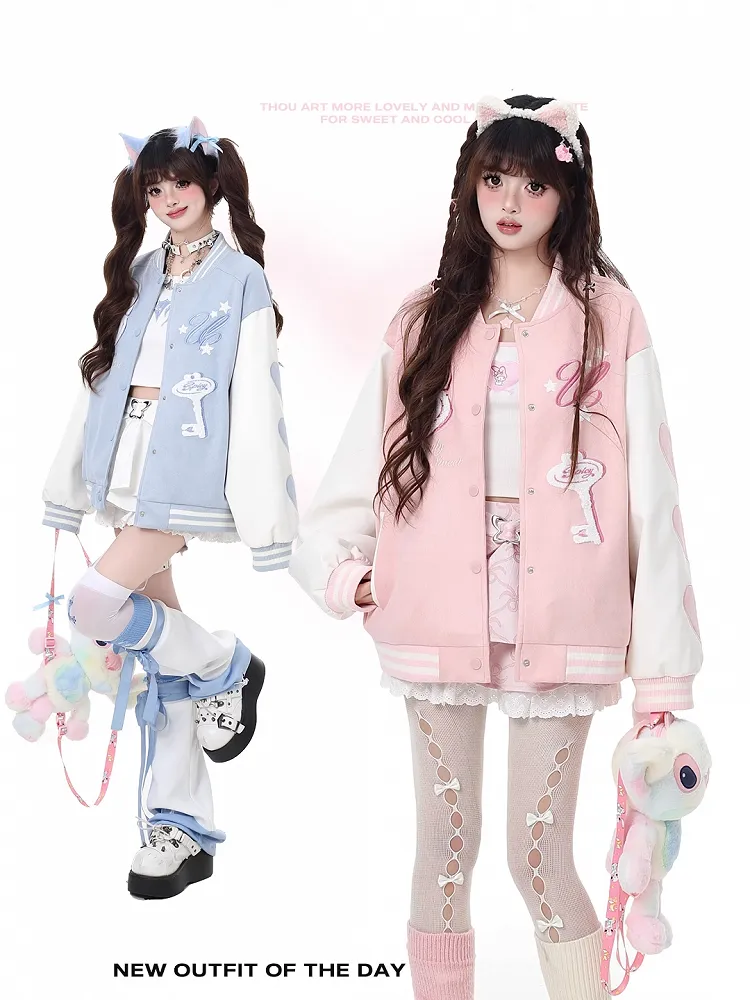 Yume Kawaii Pink/Blue Key Applique Baseball Jacket